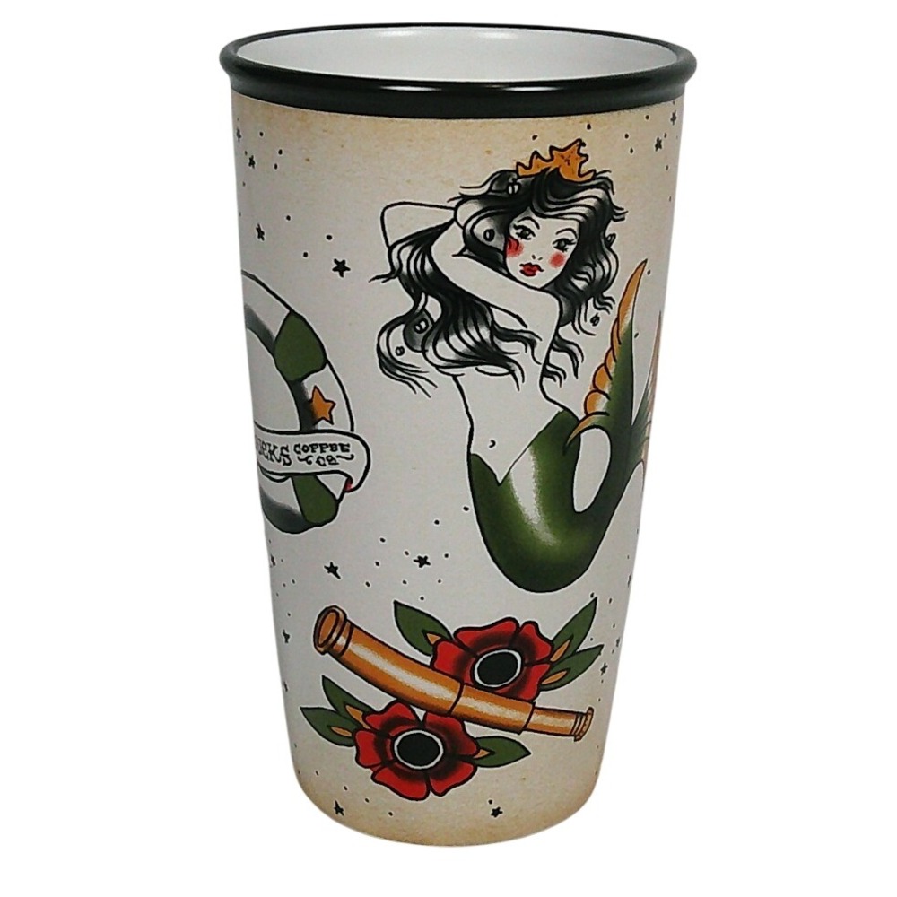 Starbucks Travel Mug 12oz Cream Sailor Tattoo Mermaid Anchor Ceramic *NO LID*